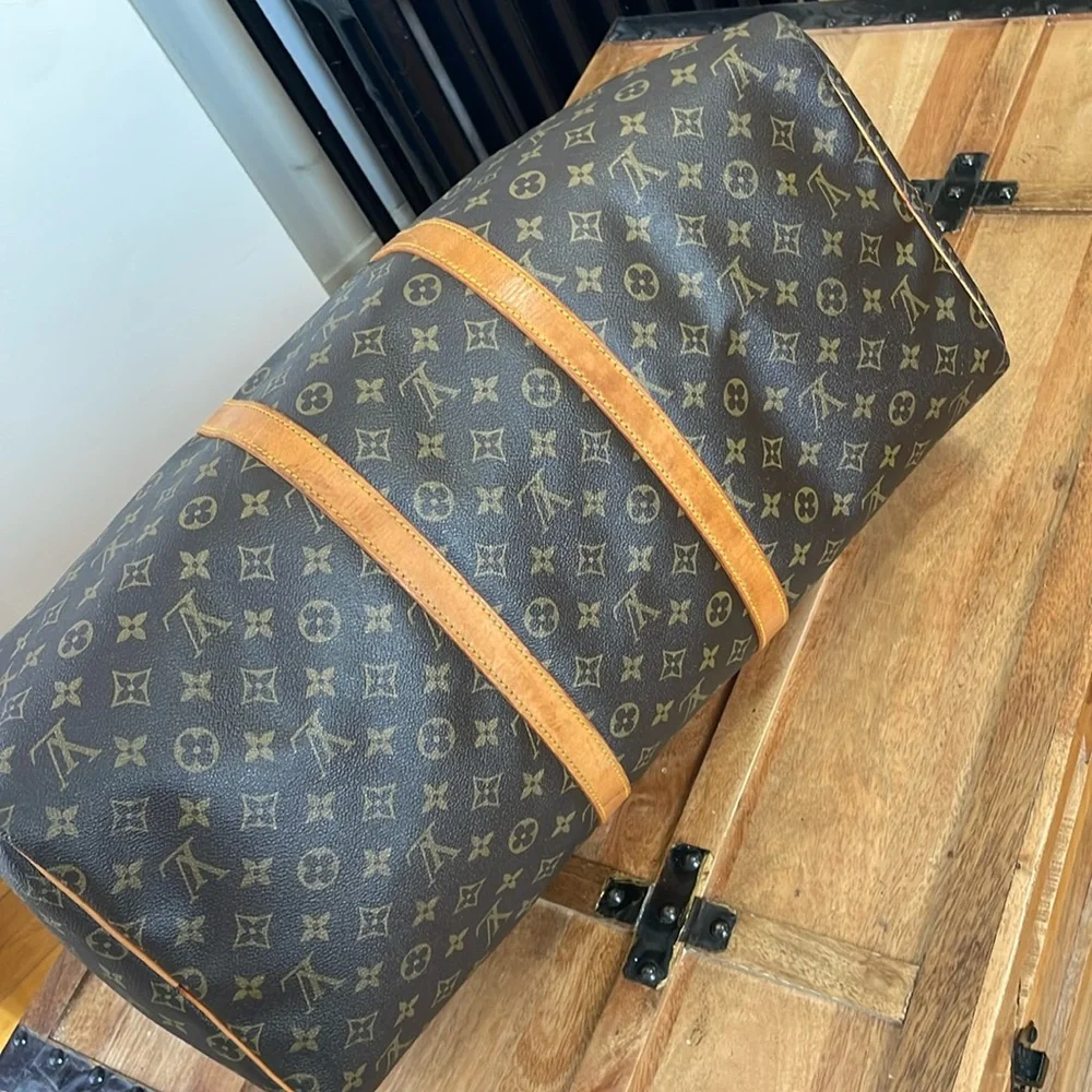 Louis Vuitton Brown Monogram Keepall Duffel with Tan Leather Trim